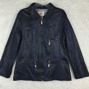 Ameri Mode Womens Jacket Snakeskin Blue Black Zip Front Lined Collar L